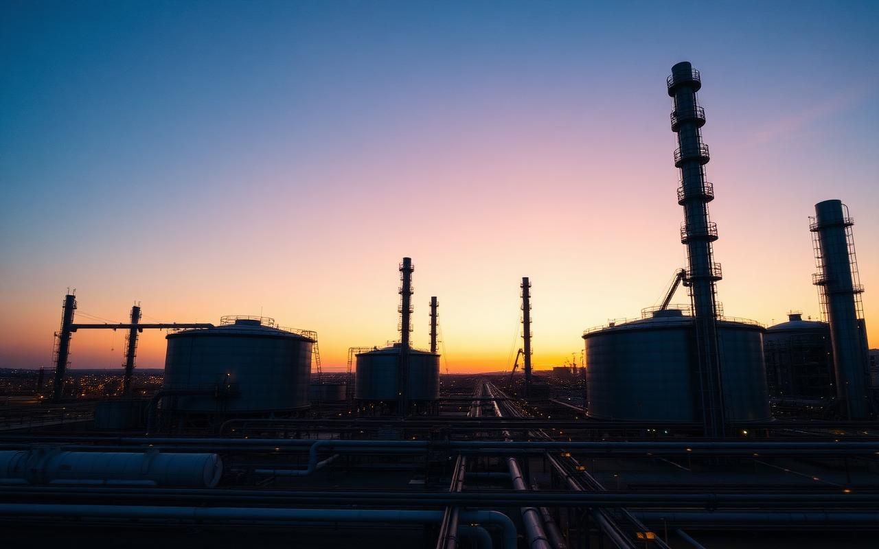 Petroleum plant at sunset