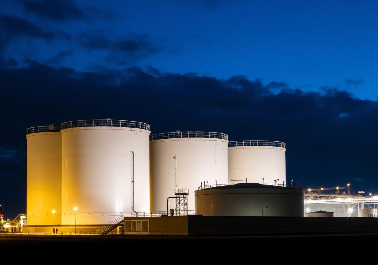 Industrial fuel storage depot at night